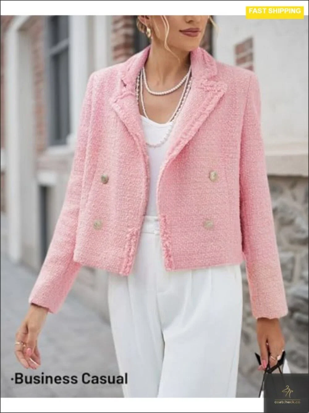 Women's Tweed Blazer Jacket Fringe Trim Notch Collar Double Breasted Long